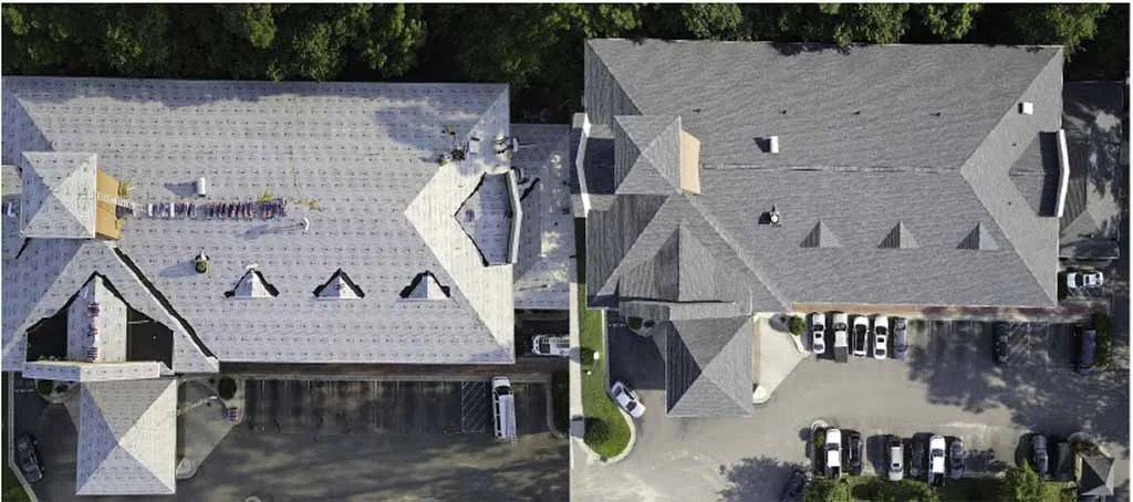Aerial view of new roofs on two large commercial buildings