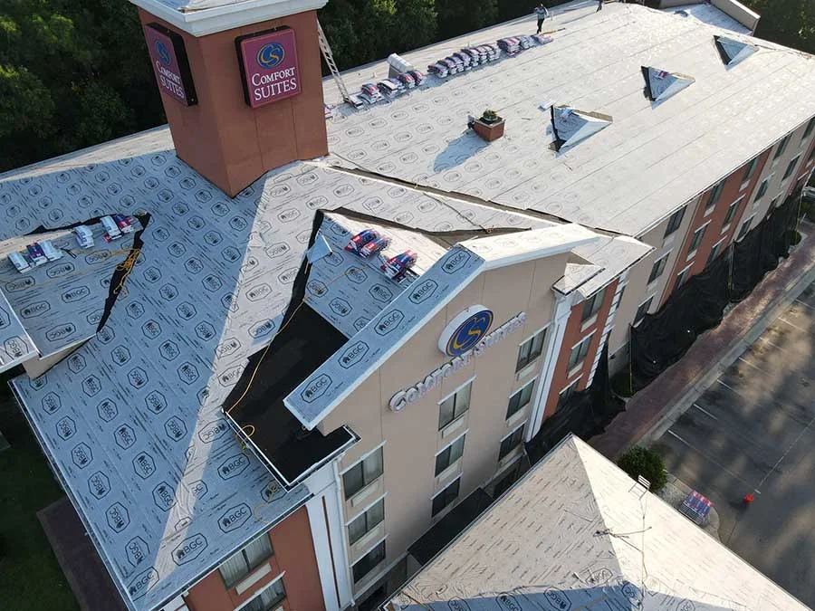 Aerial view of a new roof on a multi-story hotel